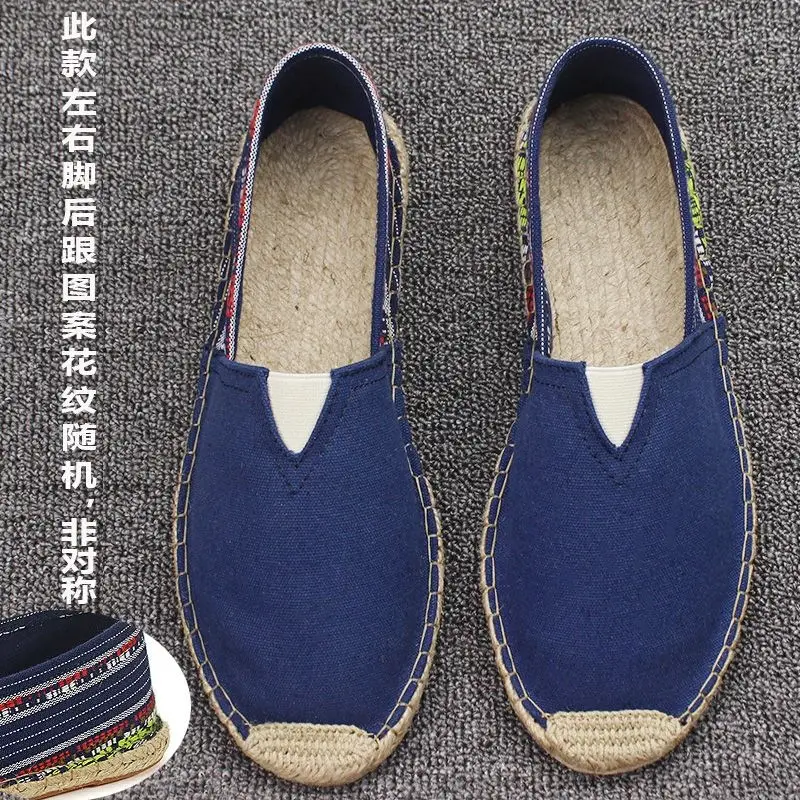 Summer Handmade Linen-Soled Straw Shoes for Men, Slip-On Lazy Fisherman Shoes, Casual Breathable Sweat-Absorbent Single Shoes, Canvas Shoes