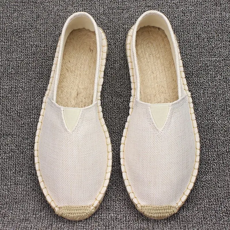 Summer Handmade Linen-Soled Straw Shoes for Men, Slip-On Lazy Fisherman Shoes, Casual Breathable Sweat-Absorbent Single Shoes, Canvas Shoes