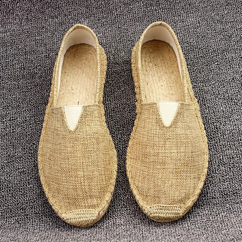 Summer Handmade Linen-Soled Straw Shoes for Men, Slip-On Lazy Fisherman Shoes, Casual Breathable Sweat-Absorbent Single Shoes, Canvas Shoes