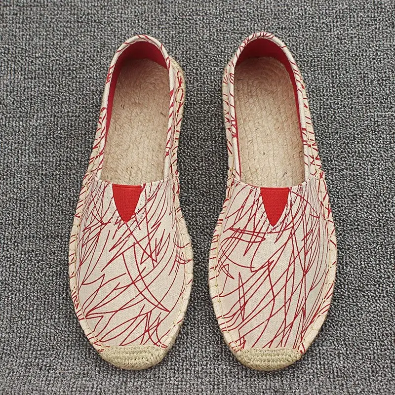Summer Handmade Linen-Soled Straw Shoes for Men, Slip-On Lazy Fisherman Shoes, Casual Breathable Sweat-Absorbent Single Shoes, Canvas Shoes