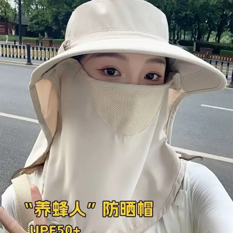 Farm Work Hat with Sun Protection Face Mask, Full-Face with Large Brim, Women's Outdoor Uv Protection Breathable Face Mask, Ice Silk Mask