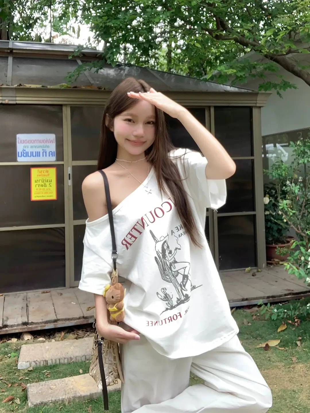 American-Style Spicy Girl Western Girl Print One-Shoulder Short-Sleeve T-Shirt for Women, Summer Loose High-End Design Off-Shoulder Top