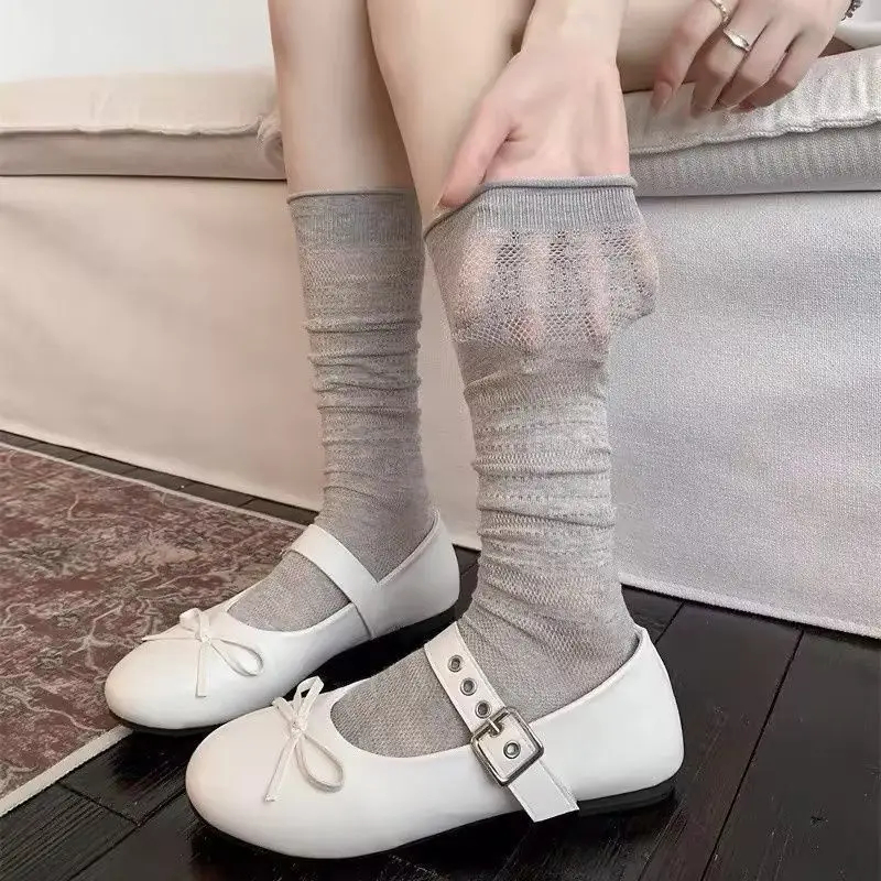 Ballet-Style Calf Socks for Women, Spring and Summer Thin Sweat-Absorbing Mid-Calf Socks, Mesh Breathable Slouch Socks, Miu-Style Long Socks — feature 2