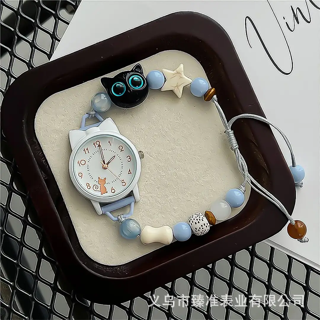 Cute Cat Beaded Bracelet Watch for Women, Ins Style Niche Student Quartz Watch, Adjustable, Cross-Border Wholesale