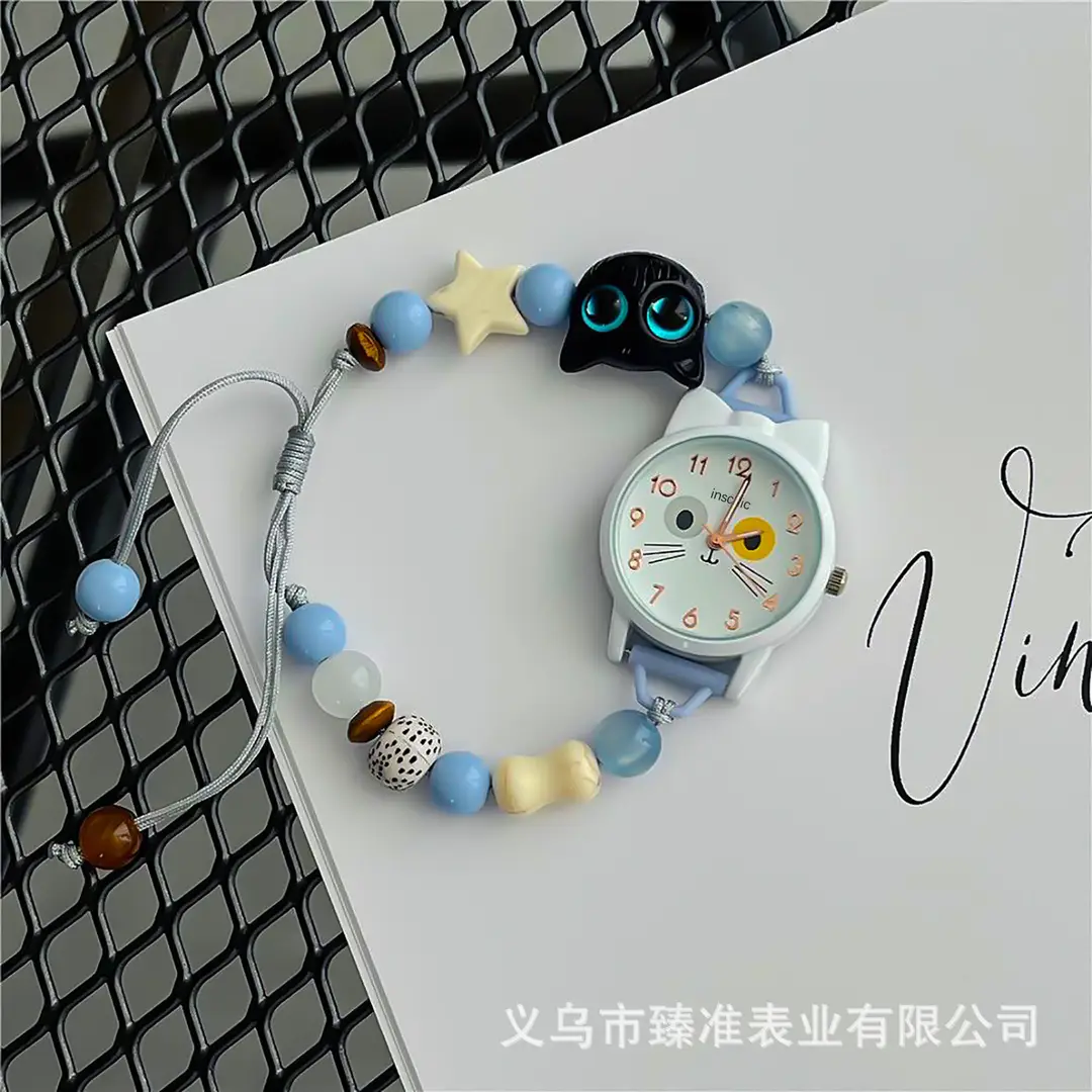 Cute Cat Beaded Bracelet Watch for Women, Ins Style Niche Student Quartz Watch, Adjustable, Cross-Border Wholesale