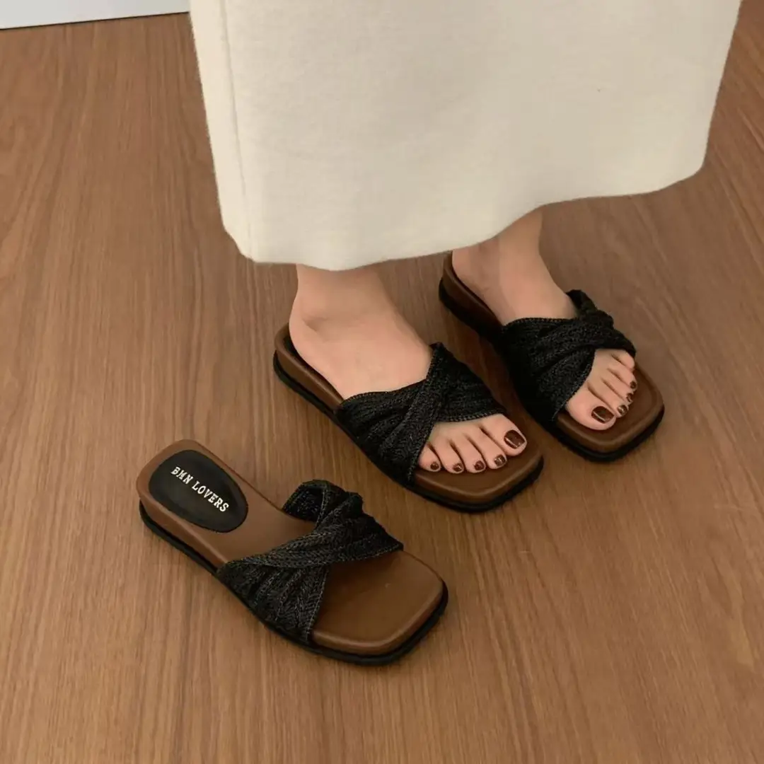 4cm Thick-Soled "Holiday Straw-Woven" French Retro Woven Slip-On Sandals for Women, Summer Outdoor Flip-Flops