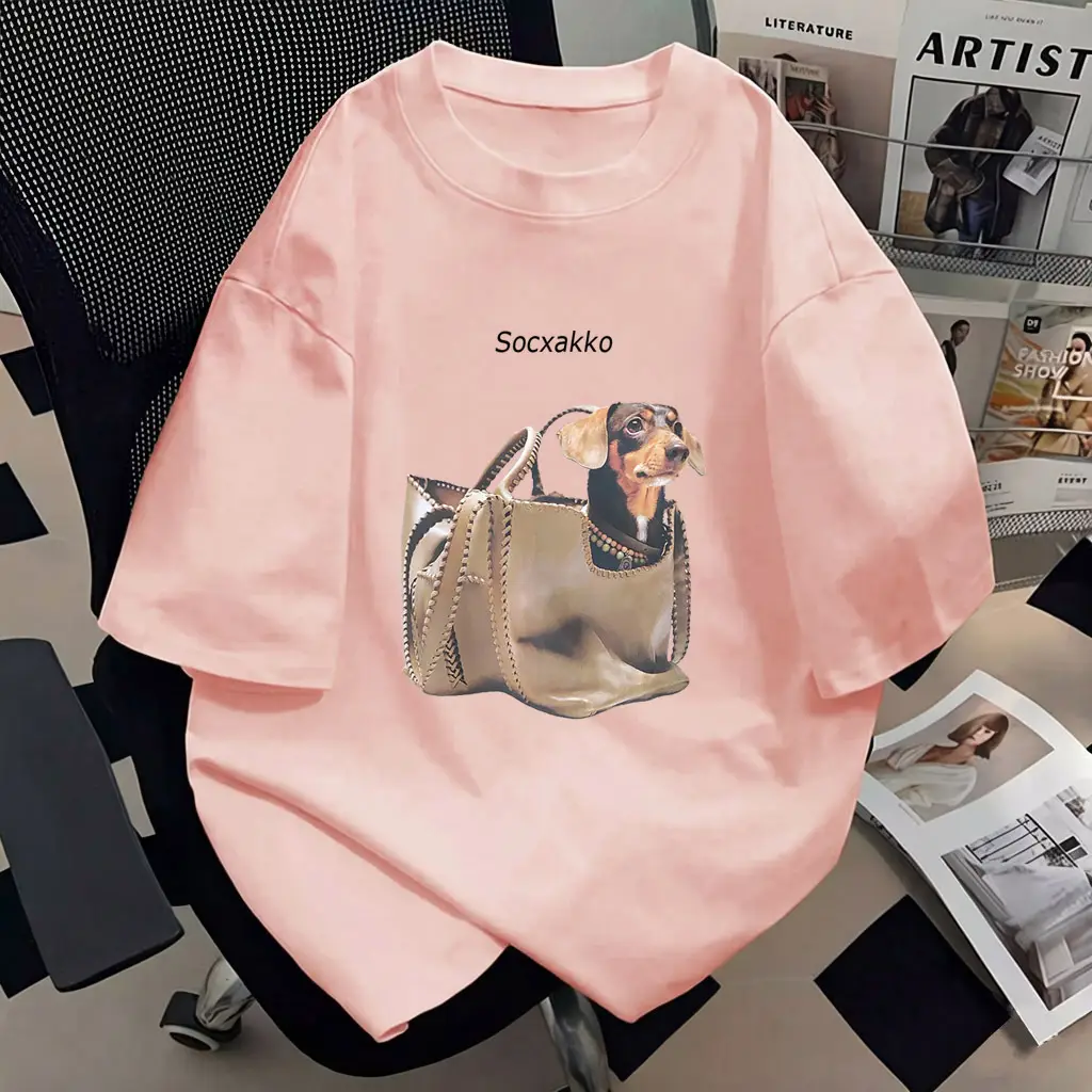 Pure Cotton Short-Sleeve T-Shirt for Women, 2026 New Style, Plus Size, Creative Design with Dog Print, Loose Half-Sleeve Top