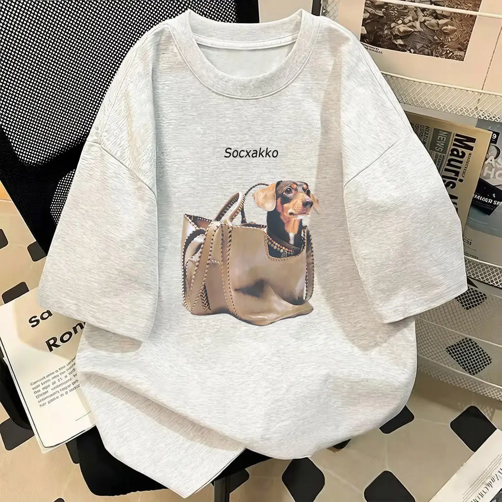 Pure Cotton Short-Sleeve T-Shirt for Women, 2026 New Style, Plus Size, Creative Design with Dog Print, Loose Half-Sleeve Top