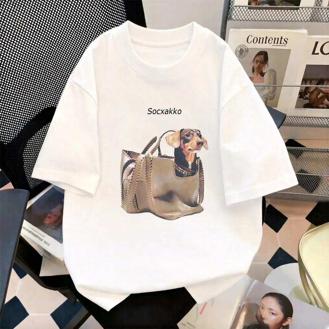 Pure Cotton Short-Sleeve T-Shirt for Women, 2026 New Style, Plus Size, Creative Design with Dog Print, Loose Half-Sleeve Top