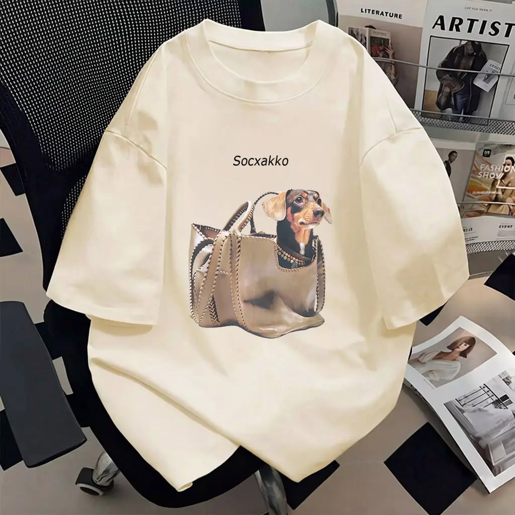 Pure Cotton Short-Sleeve T-Shirt for Women, 2026 New Style, Plus Size, Creative Design with Dog Print, Loose Half-Sleeve Top