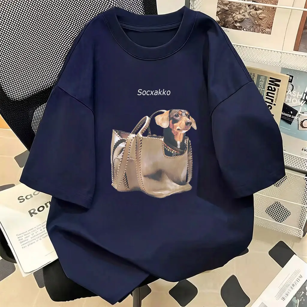 Pure Cotton Short-Sleeve T-Shirt for Women, 2026 New Style, Plus Size, Creative Design with Dog Print, Loose Half-Sleeve Top