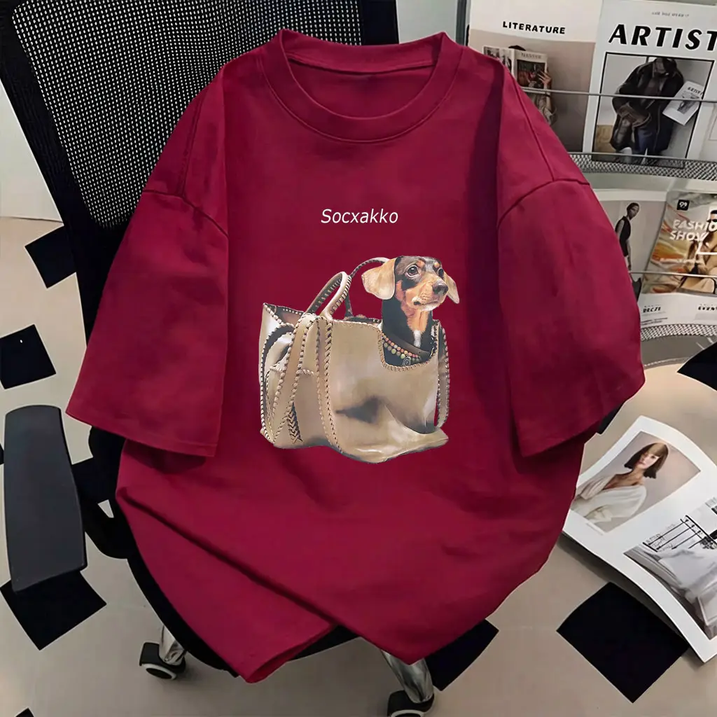 Pure Cotton Short-Sleeve T-Shirt for Women, 2026 New Style, Plus Size, Creative Design with Dog Print, Loose Half-Sleeve Top