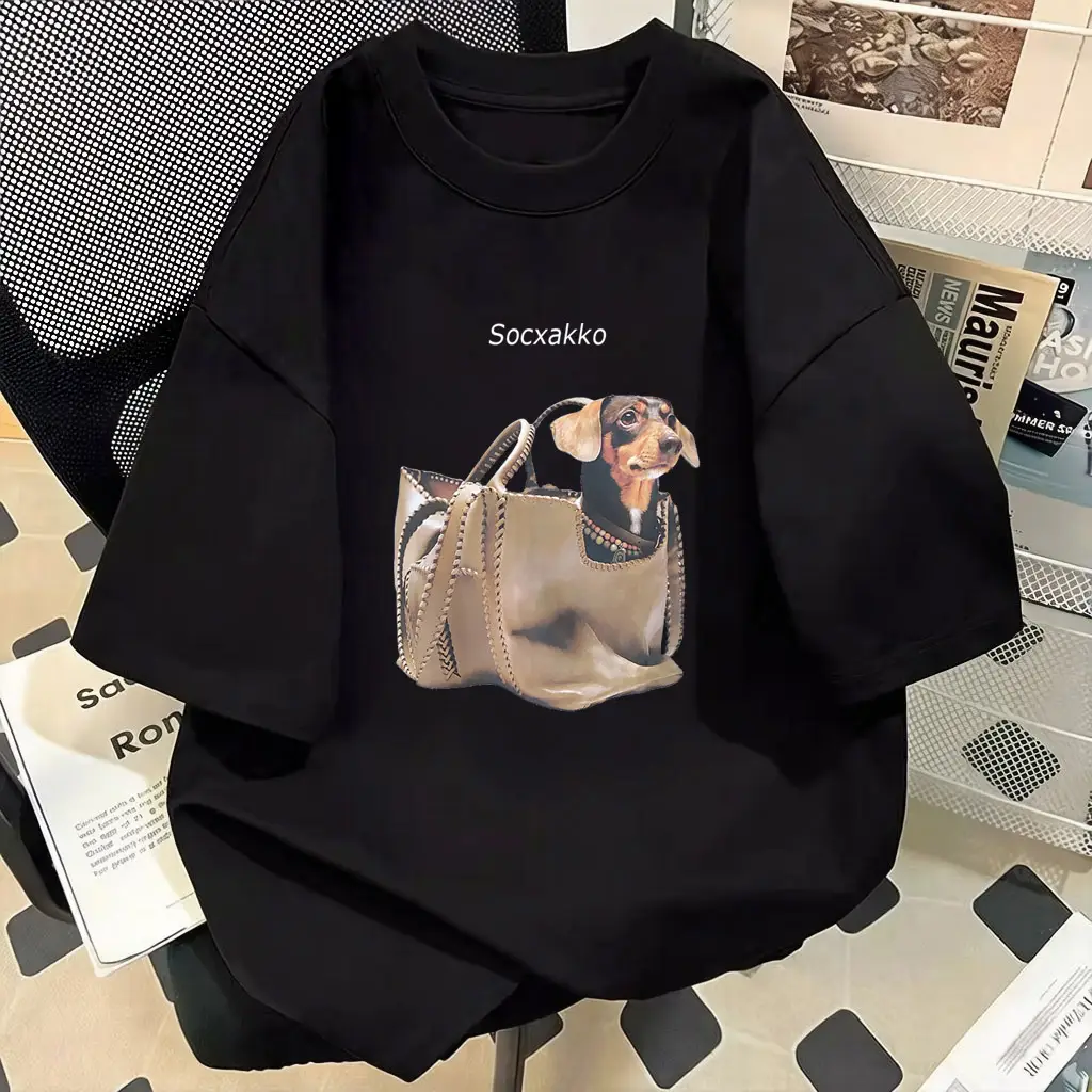 Pure Cotton Short-Sleeve T-Shirt for Women, 2026 New Style, Plus Size, Creative Design with Dog Print, Loose Half-Sleeve Top