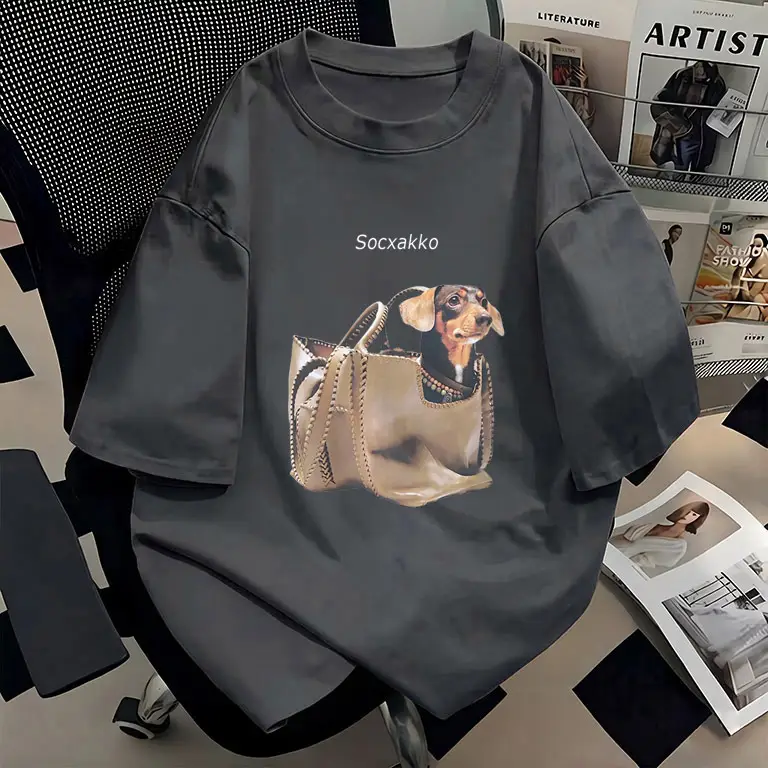 Pure Cotton Short-Sleeve T-Shirt for Women, 2026 New Style, Plus Size, Creative Design with Dog Print, Loose Half-Sleeve Top