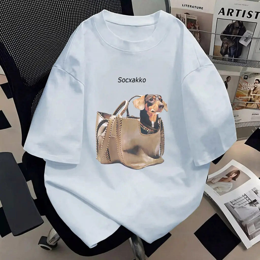 Pure Cotton Short-Sleeve T-Shirt for Women, 2026 New Style, Plus Size, Creative Design with Dog Print, Loose Half-Sleeve Top