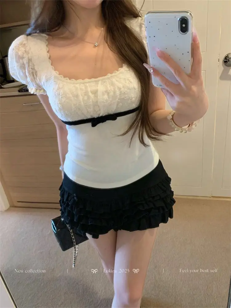 Jianmanni French-Style Lace Puff Sleeve Short-Sleeve T-Shirt for Women, Summer Spicy Girl Pure Desire Slim-Fit Square-Neck Top