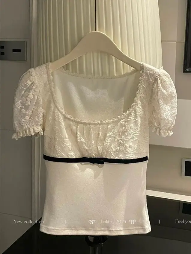 Jianmanni French-Style Lace Puff Sleeve Short-Sleeve T-Shirt for Women, Summer Spicy Girl Pure Desire Slim-Fit Square-Neck Top