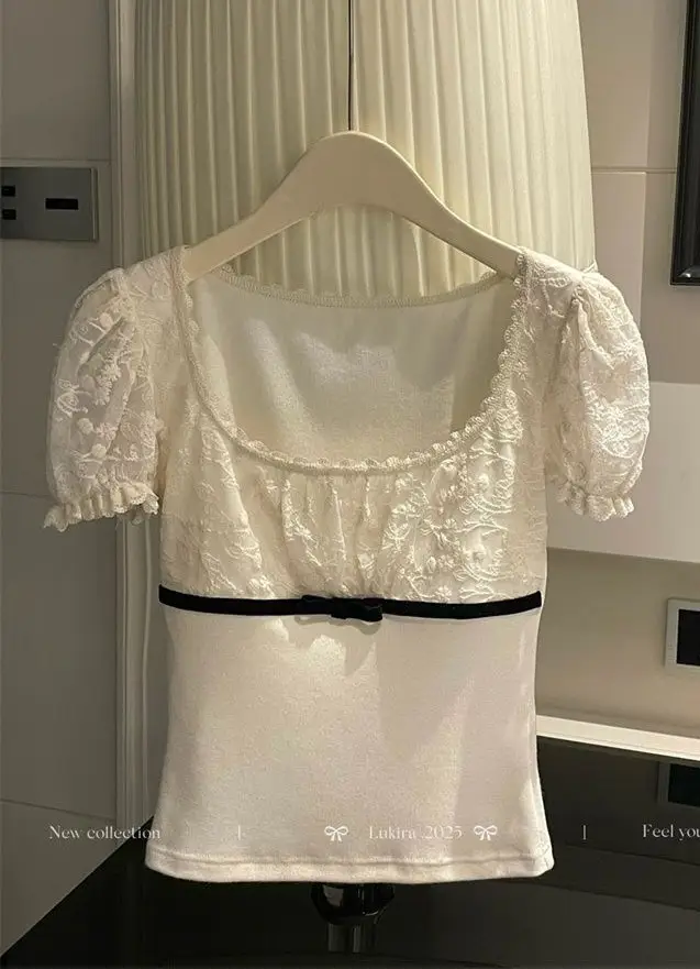 Jianmanni French-Style Lace Puff Sleeve Short-Sleeve T-Shirt for Women, Summer Spicy Girl Pure Desire Slim-Fit Square-Neck Top — feature 2