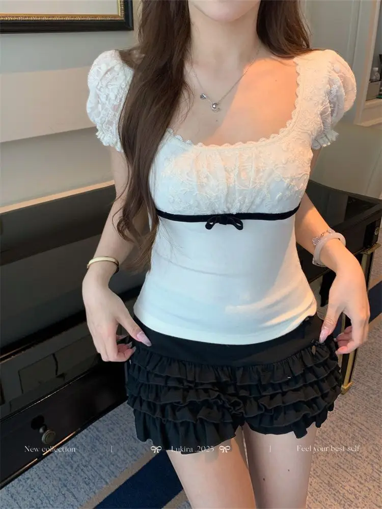 Jianmanni French-Style Lace Puff Sleeve Short-Sleeve T-Shirt for Women, Summer Spicy Girl Pure Desire Slim-Fit Square-Neck Top — feature 5