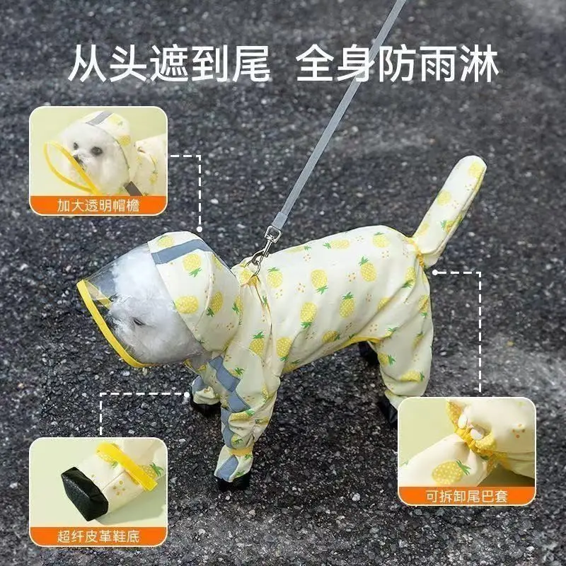 Upgraded Dog Fruit-Patterned Four-Legged Raincoat with Leash Attachment, Fully Waterproof Pet Rain Poncho, Pet Clothing to Prevent Dirt