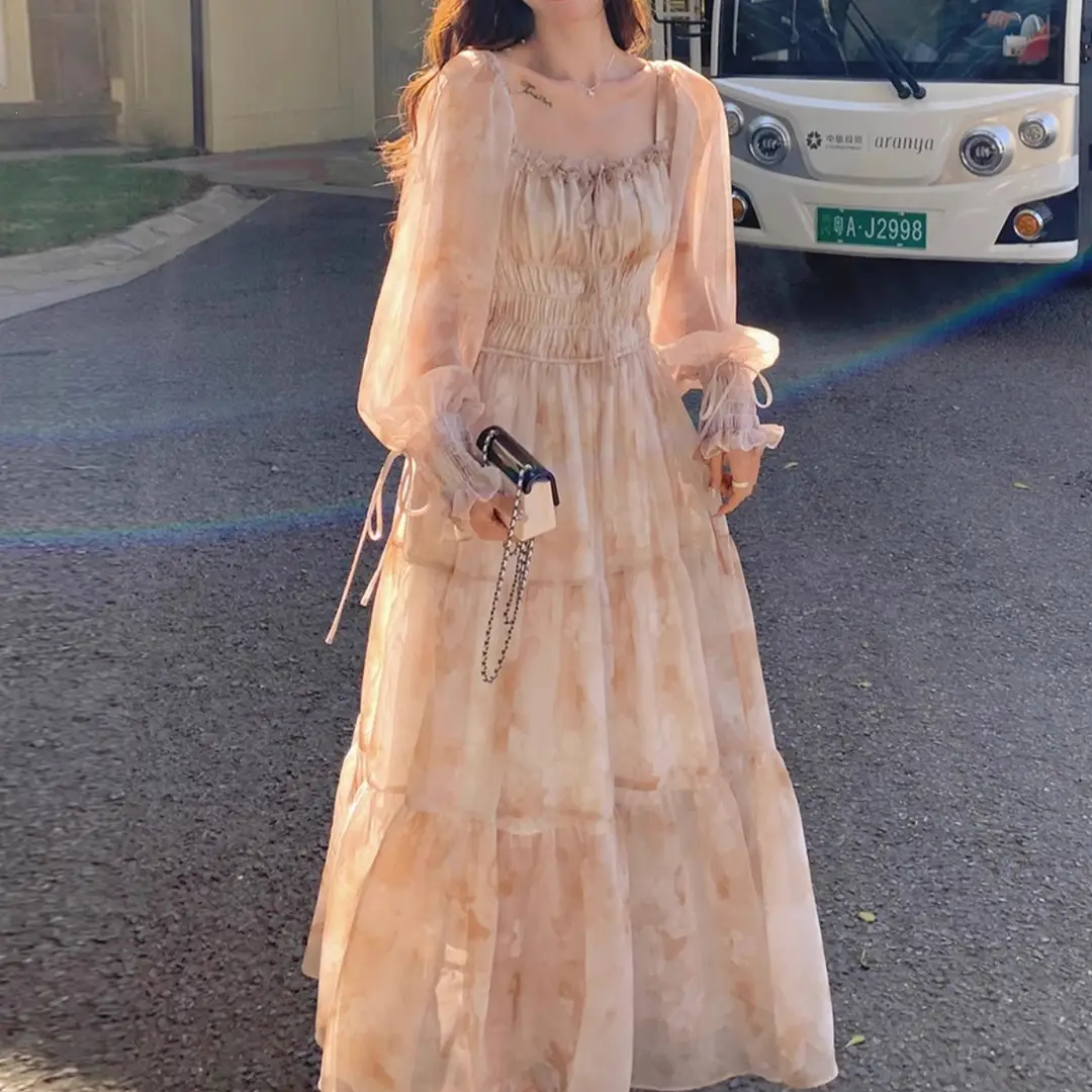 French-Style Printed Chiffon Dress for Women, 2026 Spring and Autumn New Model, Gentle and Elegant, Slimming and Stunning, Popular Fairy-Style Long Dress