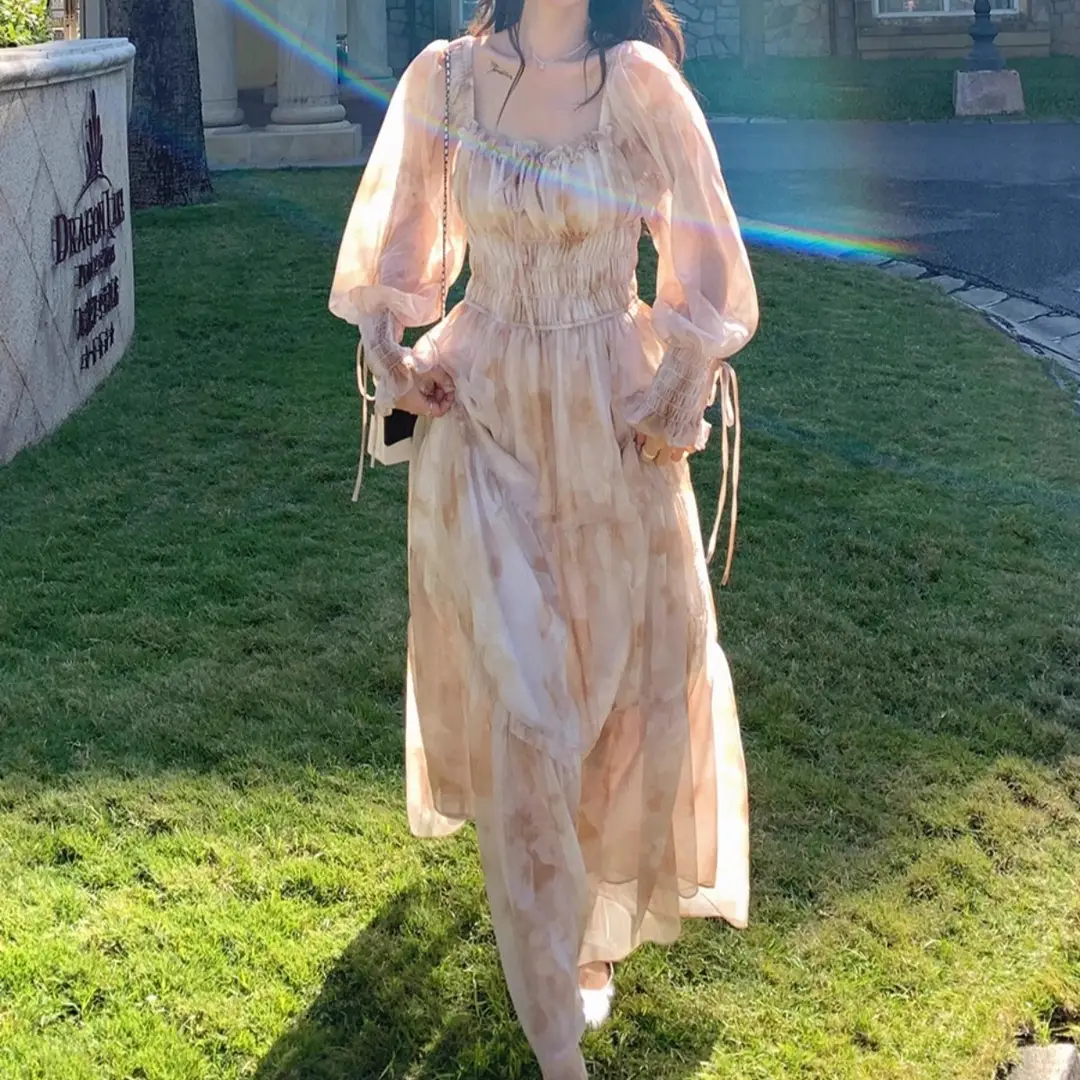 French-Style Printed Chiffon Dress for Women, 2026 Spring and Autumn New Model, Gentle and Elegant, Slimming and Stunning, Popular Fairy-Style Long Dress