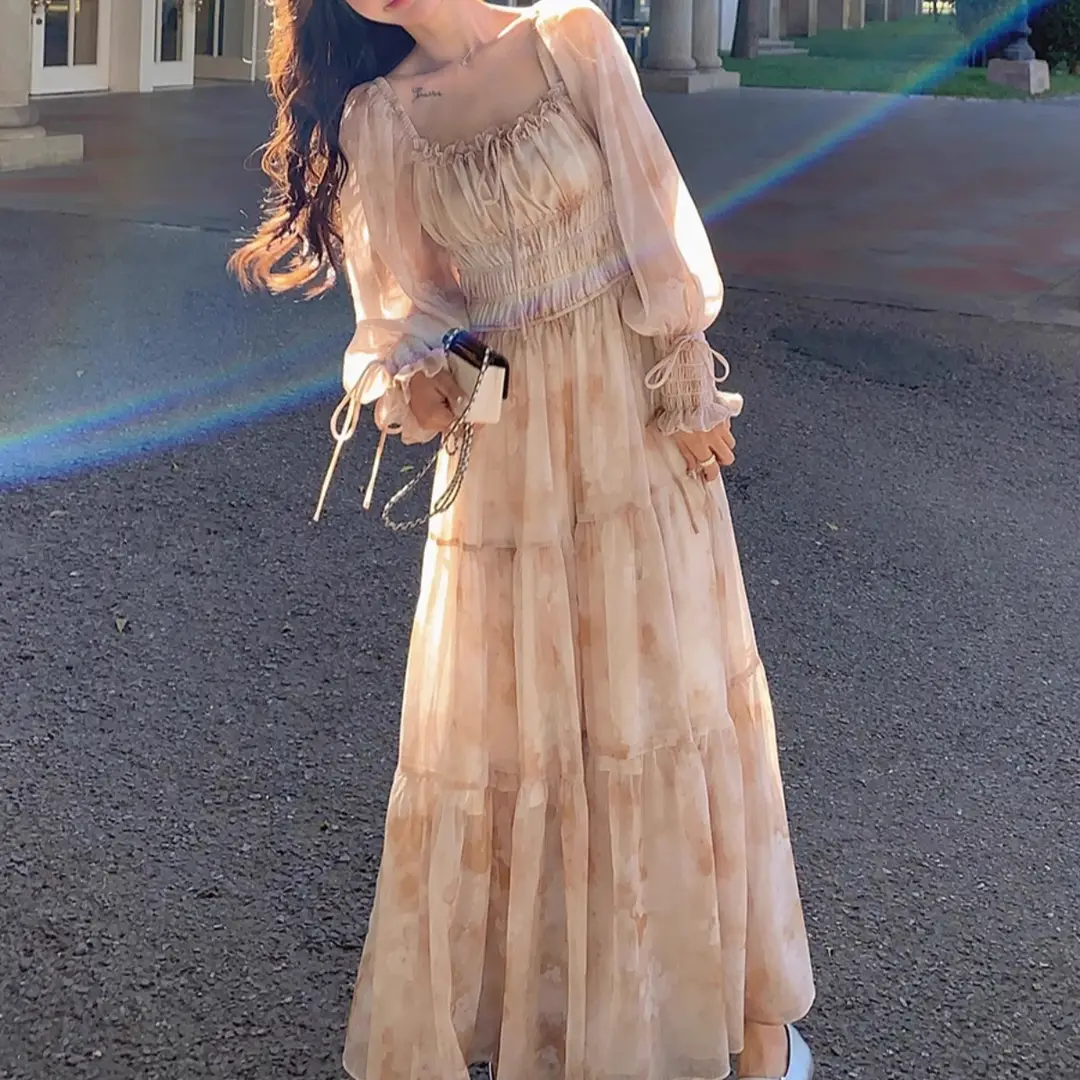 French-Style Printed Chiffon Dress for Women, 2026 Spring and Autumn New Model, Gentle and Elegant, Slimming and Stunning, Popular Fairy-Style Long Dress