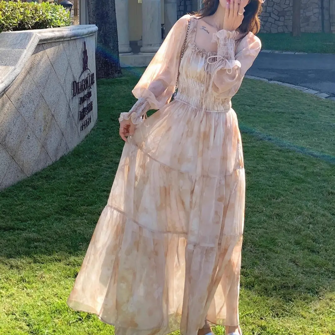 French-Style Printed Chiffon Dress for Women, 2026 Spring and Autumn New Model, Gentle and Elegant, Slimming and Stunning, Popular Fairy-Style Long Dress