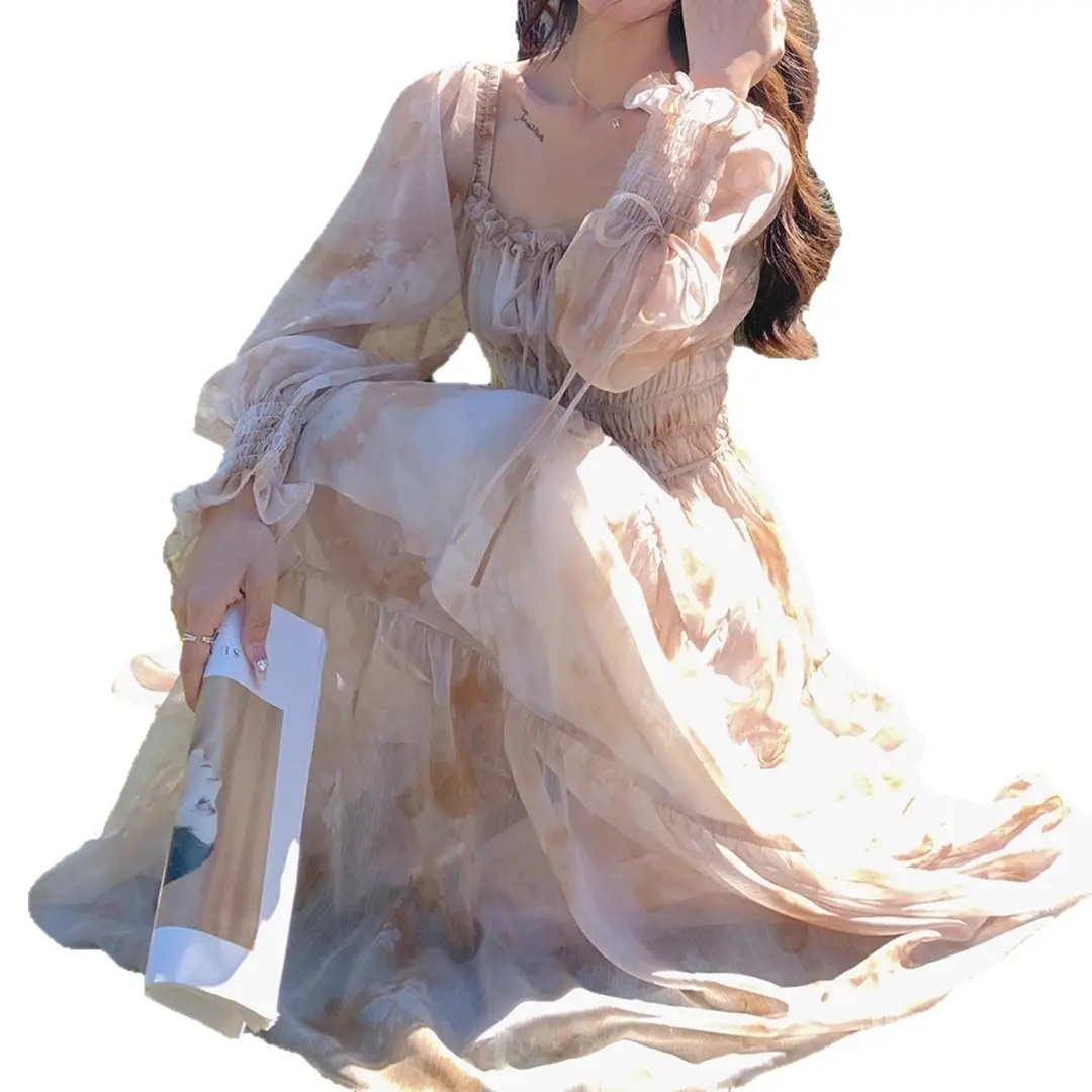 French-Style Printed Chiffon Dress for Women, 2026 Spring and Autumn New Model, Gentle and Elegant, Slimming and Stunning, Popular Fairy-Style Long Dress