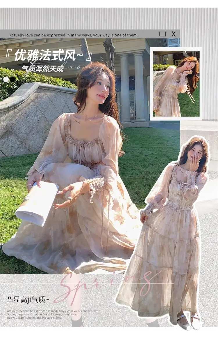 French-Style Printed Chiffon Dress for Women, 2026 Spring and Autumn New Model, Gentle and Elegant, Slimming and Stunning, Popular Fairy-Style Long Dress — feature 2