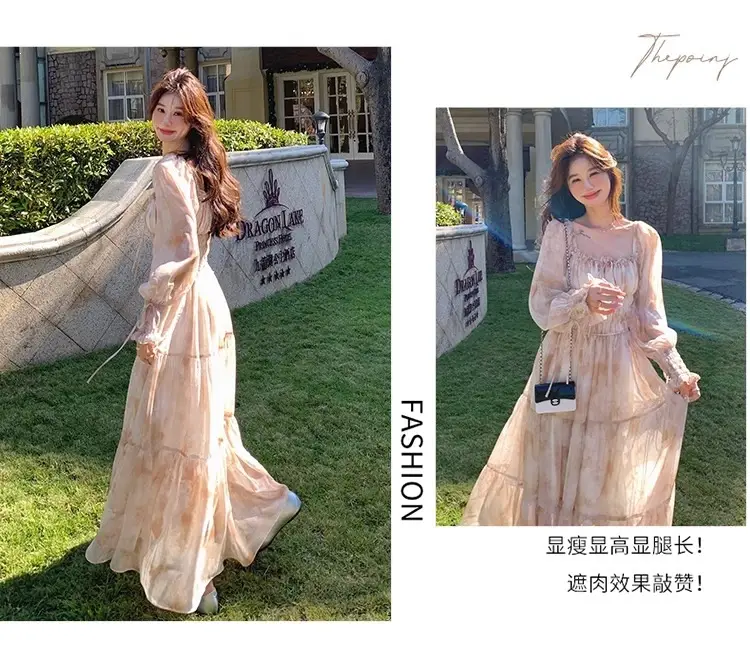 French-Style Printed Chiffon Dress for Women, 2026 Spring and Autumn New Model, Gentle and Elegant, Slimming and Stunning, Popular Fairy-Style Long Dress — feature 4