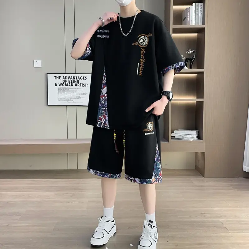 2026 Men's Summer Sports Suit Ice Silk Short-Sleeve T-Shirt Casual Shorts Set Youth Trendy New Style
