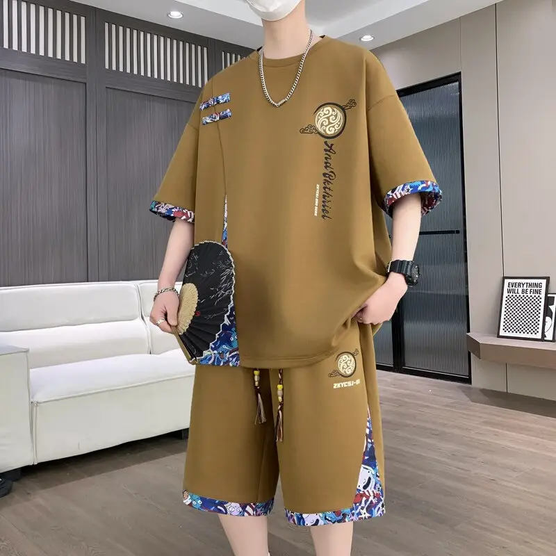 2026 Men's Summer Sports Suit Ice Silk Short-Sleeve T-Shirt Casual Shorts Set Youth Trendy New Style