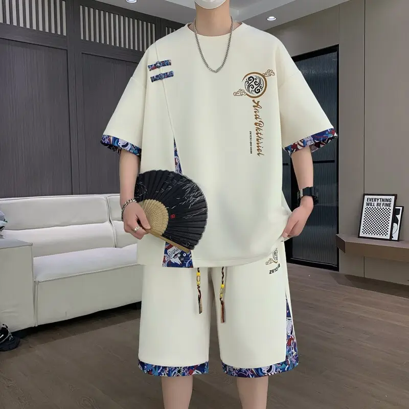2026 Men's Summer Sports Suit Ice Silk Short-Sleeve T-Shirt Casual Shorts Set Youth Trendy New Style