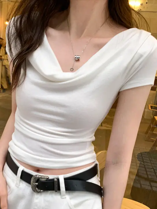 Ins-Style Design Ribbed Drop-Neck Sexy Hot Girl One-Shoulder Short T-Shirt for Women, Slim Fit, Slimming Short-Sleeve Top for Women, Trendy