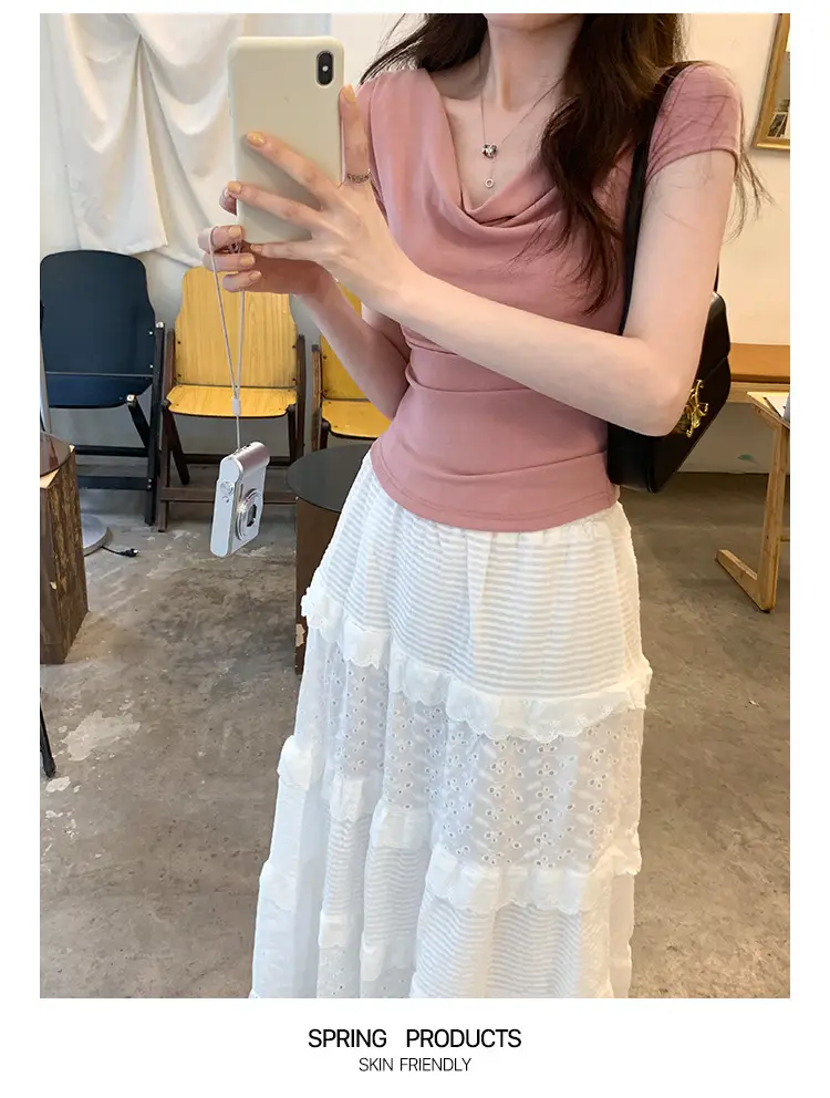 Ins-Style Design Ribbed Drop-Neck Sexy Hot Girl One-Shoulder Short T-Shirt for Women, Slim Fit, Slimming Short-Sleeve Top for Women, Trendy — feature 10