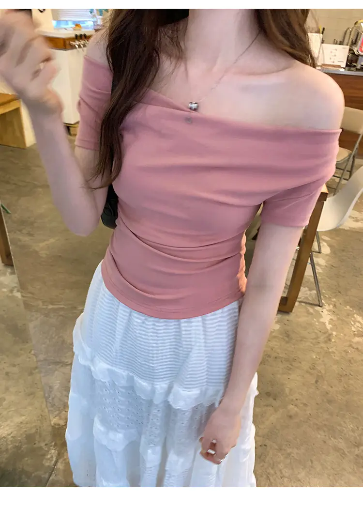 Ins-Style Design Ribbed Drop-Neck Sexy Hot Girl One-Shoulder Short T-Shirt for Women, Slim Fit, Slimming Short-Sleeve Top for Women, Trendy — feature 11