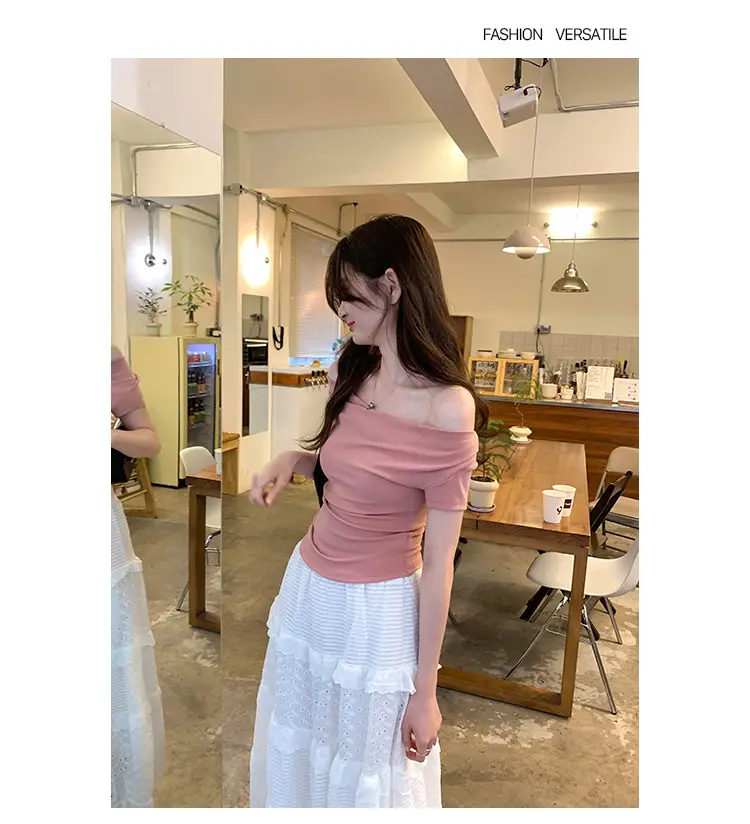 Ins-Style Design Ribbed Drop-Neck Sexy Hot Girl One-Shoulder Short T-Shirt for Women, Slim Fit, Slimming Short-Sleeve Top for Women, Trendy — feature 13