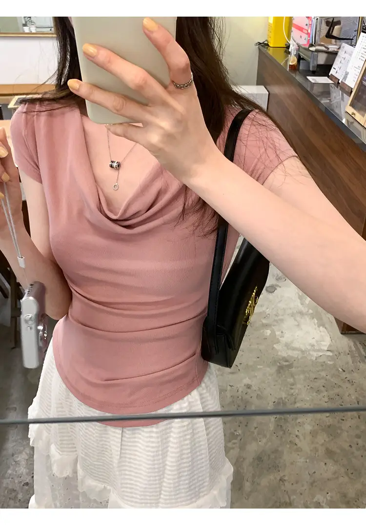 Ins-Style Design Ribbed Drop-Neck Sexy Hot Girl One-Shoulder Short T-Shirt for Women, Slim Fit, Slimming Short-Sleeve Top for Women, Trendy — feature 15
