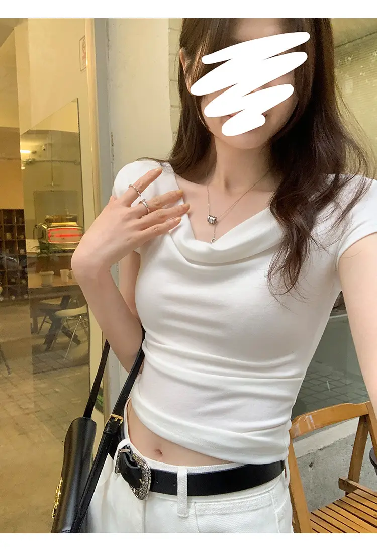 Ins-Style Design Ribbed Drop-Neck Sexy Hot Girl One-Shoulder Short T-Shirt for Women, Slim Fit, Slimming Short-Sleeve Top for Women, Trendy — feature 18