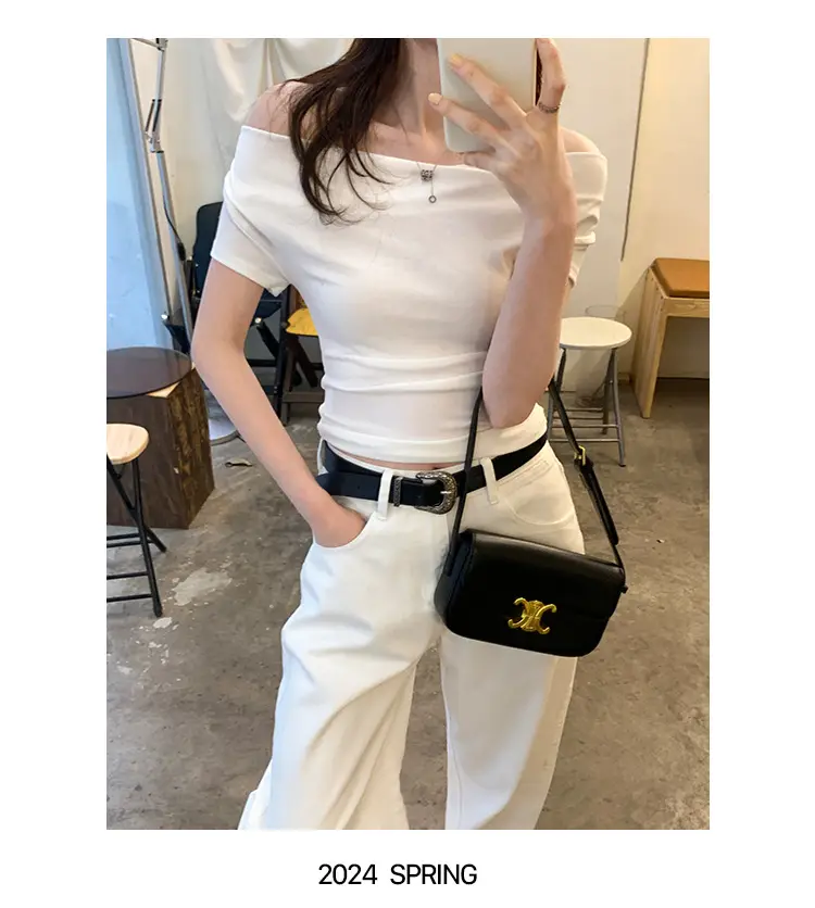 Ins-Style Design Ribbed Drop-Neck Sexy Hot Girl One-Shoulder Short T-Shirt for Women, Slim Fit, Slimming Short-Sleeve Top for Women, Trendy — feature 19