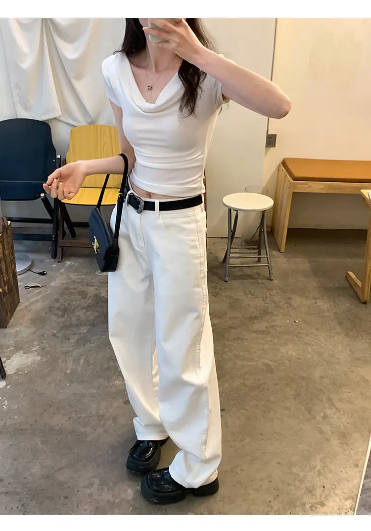 Ins-Style Design Ribbed Drop-Neck Sexy Hot Girl One-Shoulder Short T-Shirt for Women, Slim Fit, Slimming Short-Sleeve Top for Women, Trendy — feature 20
