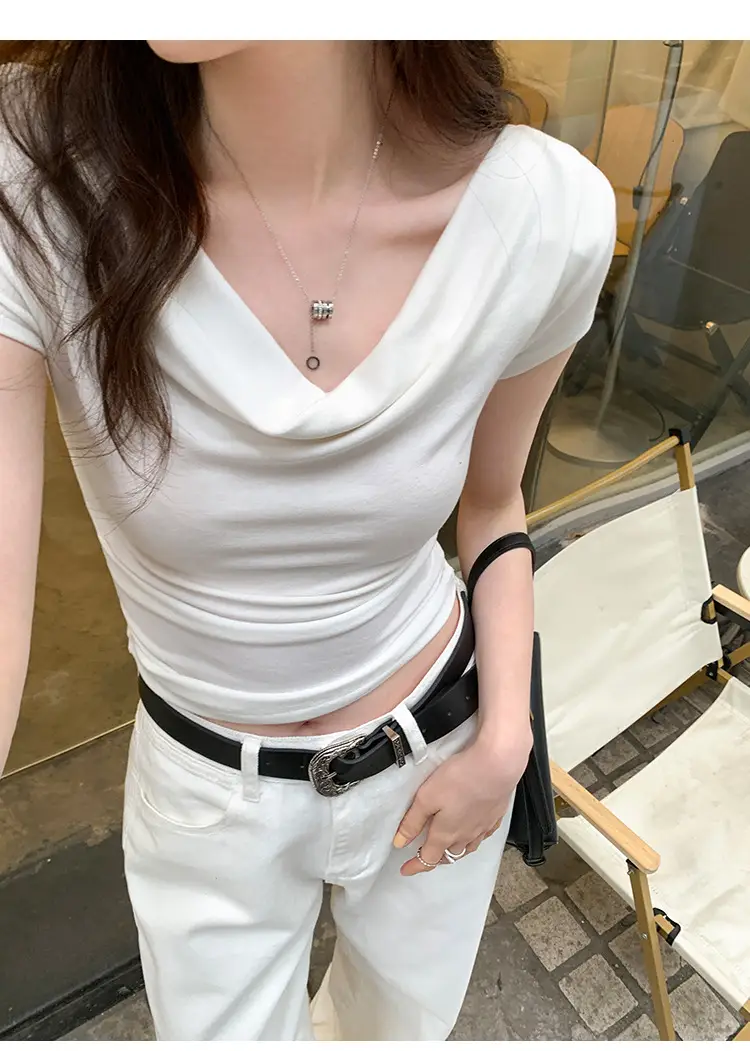 Ins-Style Design Ribbed Drop-Neck Sexy Hot Girl One-Shoulder Short T-Shirt for Women, Slim Fit, Slimming Short-Sleeve Top for Women, Trendy — feature 21