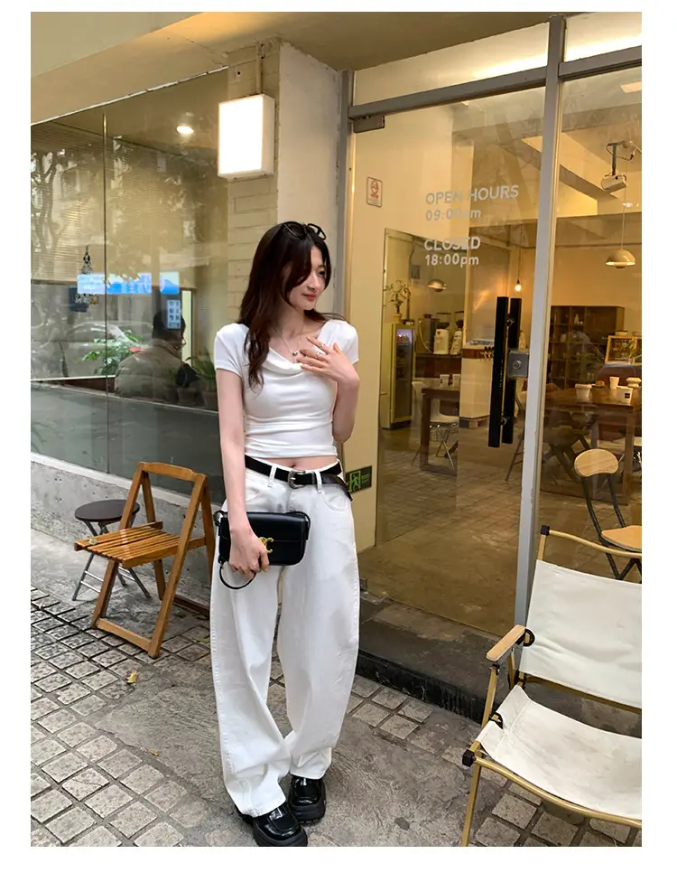 Ins-Style Design Ribbed Drop-Neck Sexy Hot Girl One-Shoulder Short T-Shirt for Women, Slim Fit, Slimming Short-Sleeve Top for Women, Trendy — feature 22