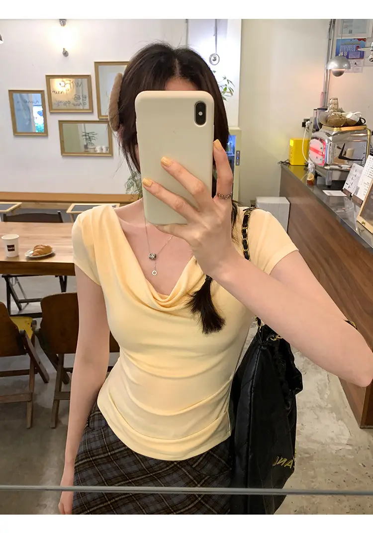Ins-Style Design Ribbed Drop-Neck Sexy Hot Girl One-Shoulder Short T-Shirt for Women, Slim Fit, Slimming Short-Sleeve Top for Women, Trendy — feature 26