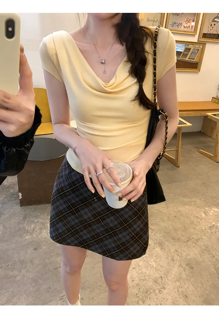 Ins-Style Design Ribbed Drop-Neck Sexy Hot Girl One-Shoulder Short T-Shirt for Women, Slim Fit, Slimming Short-Sleeve Top for Women, Trendy — feature 27