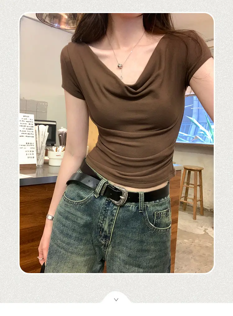 Ins-Style Design Ribbed Drop-Neck Sexy Hot Girl One-Shoulder Short T-Shirt for Women, Slim Fit, Slimming Short-Sleeve Top for Women, Trendy — feature 3