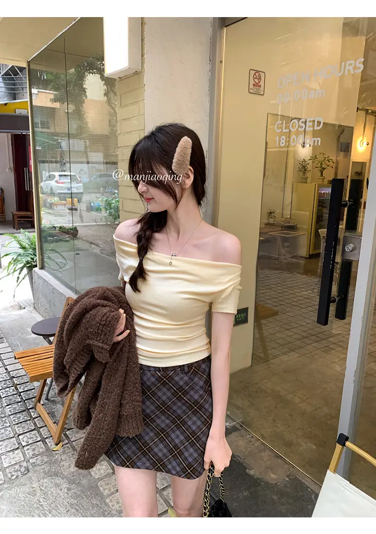 Ins-Style Design Ribbed Drop-Neck Sexy Hot Girl One-Shoulder Short T-Shirt for Women, Slim Fit, Slimming Short-Sleeve Top for Women, Trendy — feature 31
