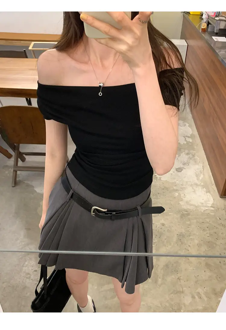 Ins-Style Design Ribbed Drop-Neck Sexy Hot Girl One-Shoulder Short T-Shirt for Women, Slim Fit, Slimming Short-Sleeve Top for Women, Trendy — feature 35