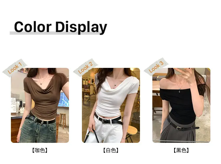 Ins-Style Design Ribbed Drop-Neck Sexy Hot Girl One-Shoulder Short T-Shirt for Women, Slim Fit, Slimming Short-Sleeve Top for Women, Trendy — feature 4
